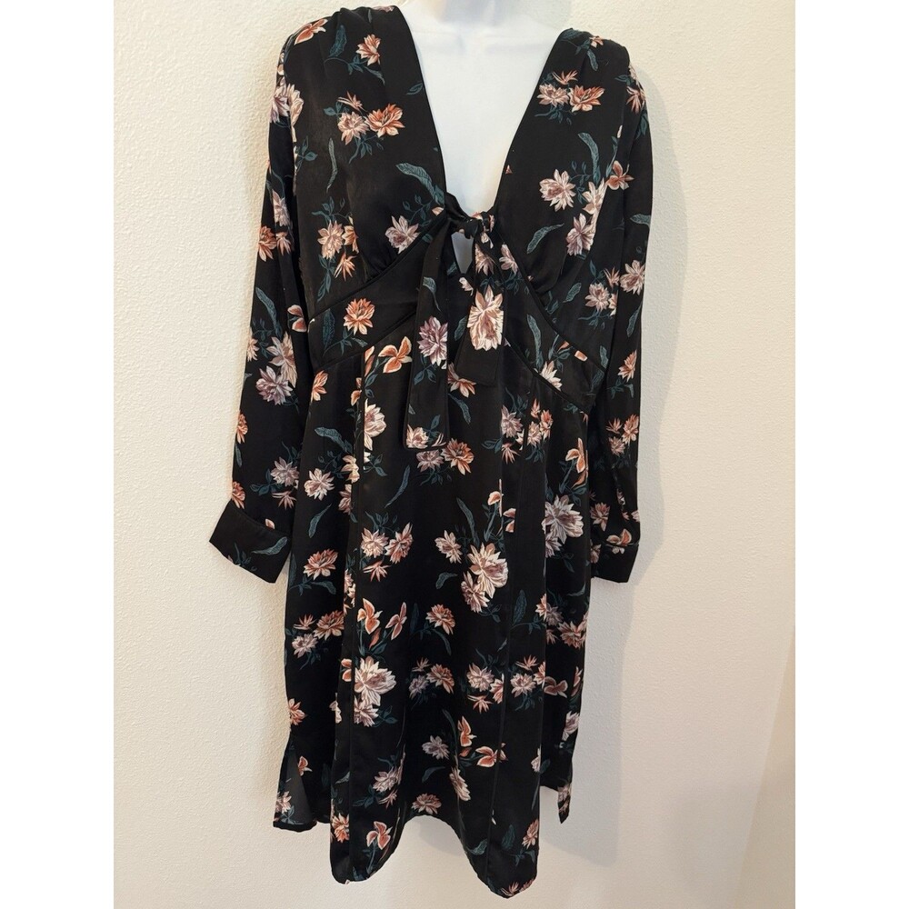 Chelsea28 Dress MIDI Black Floral Print Long Sleeve Whimsygoth V Neck Boho L New